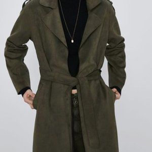 Zara Faux Suede Khaki Green Trench Coat